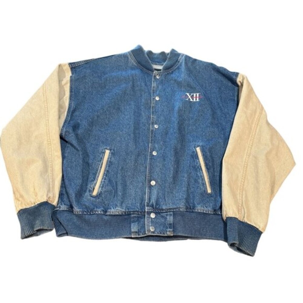 ID Sport by International Denim Varsity Jacket Blue Jean Cream Sleeve Men XL |P1